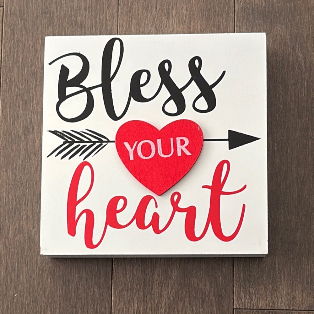 Bless Your Heart Painted Wooden Decor, Red, White & Black Accents Heart Love Art